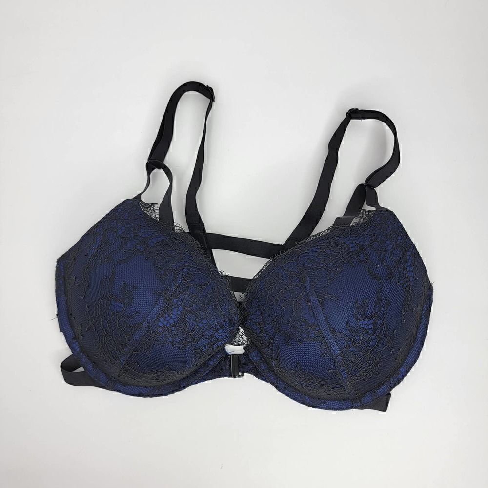 Victorias Secret Push Up Cutout Strappy Lace Blue Black 32 DD - Picture 12 of 13